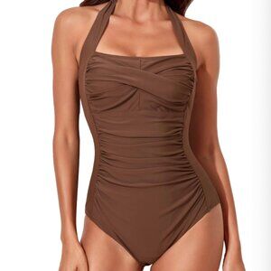 NWT M Smismivo Tummy Control Swimwear BROWN ROUCHED HALTER
